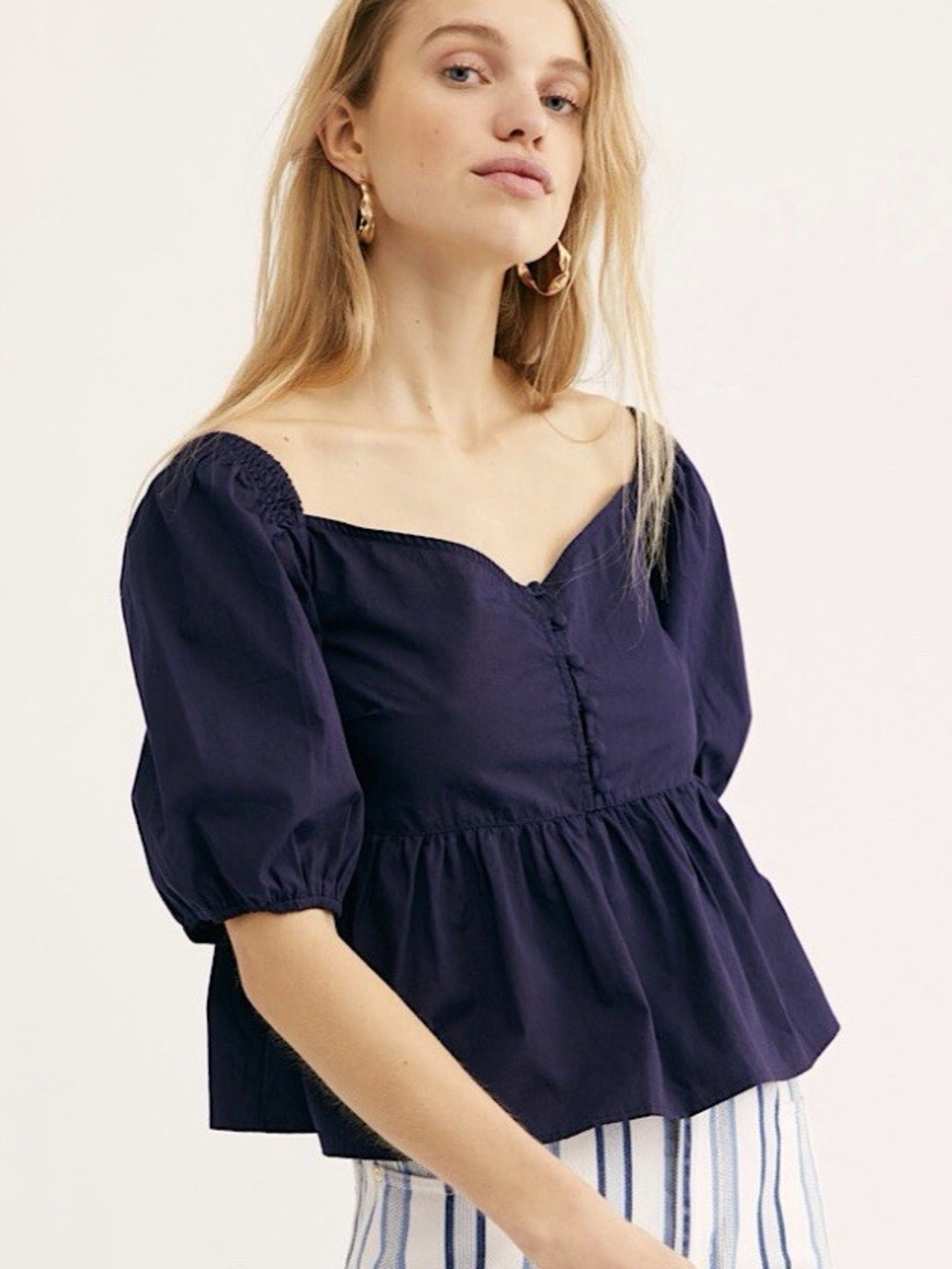 Free People Veronica Sweetheart Puff Sleeve 100% Cotton Peplum Top, Navy – XS